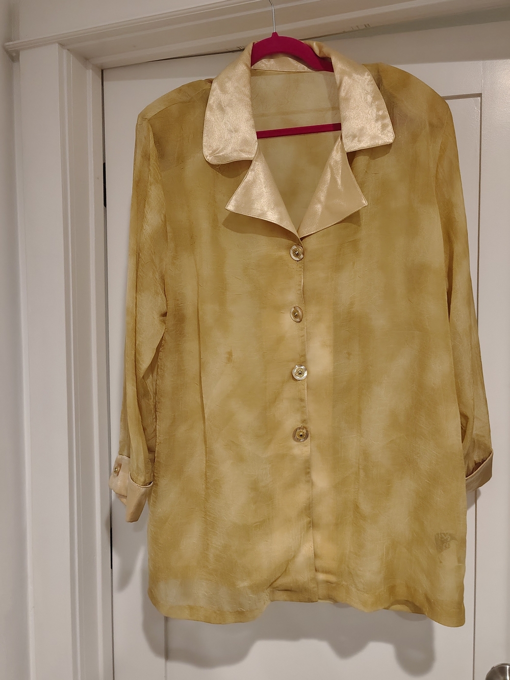 Golden Silk-Look Button-Up Blouse